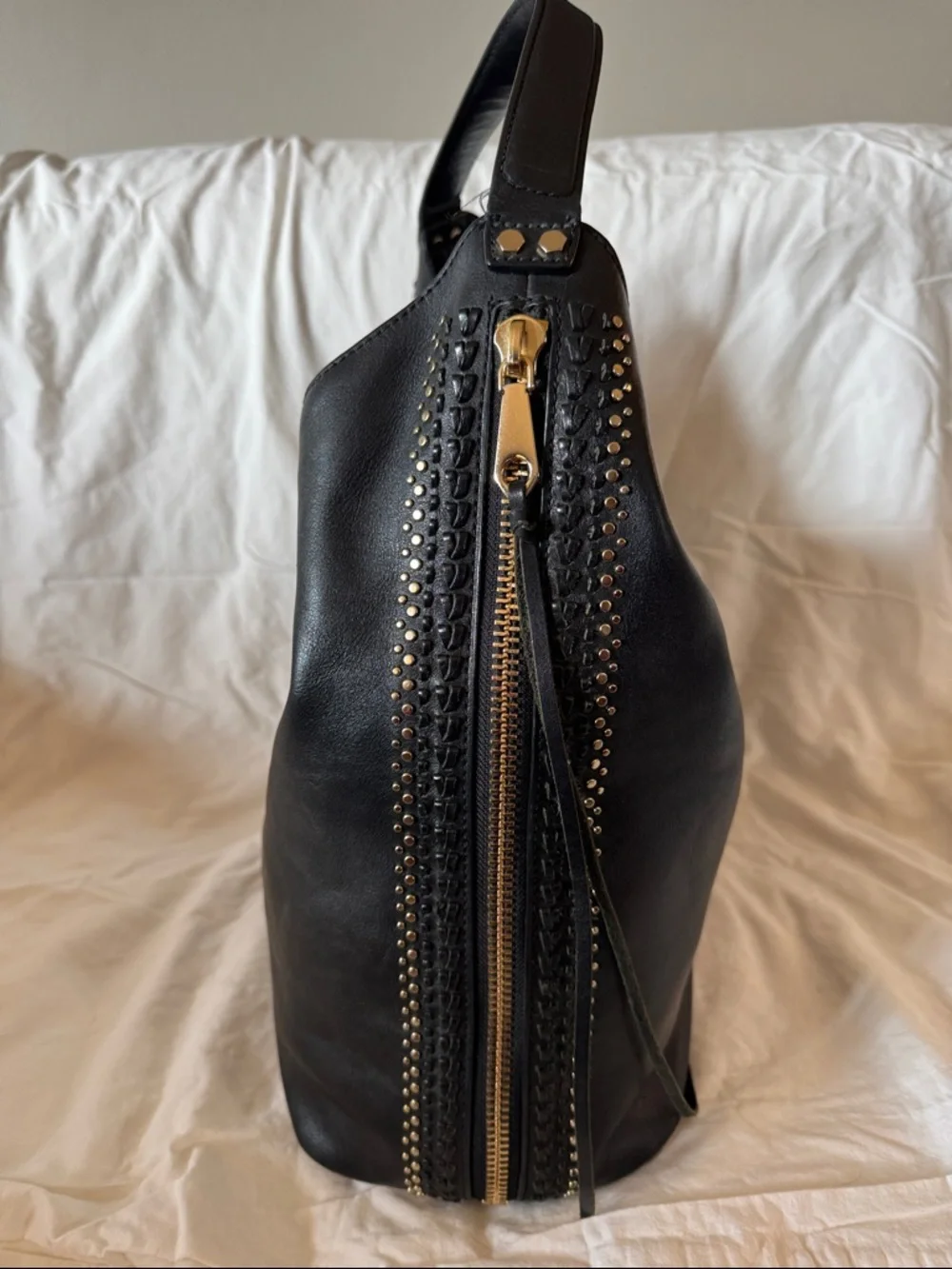 Rebecca Minkoff Bryn Double Zip Hobo Bag black leather w/ gold studs & fringe - Picture 2 of 12